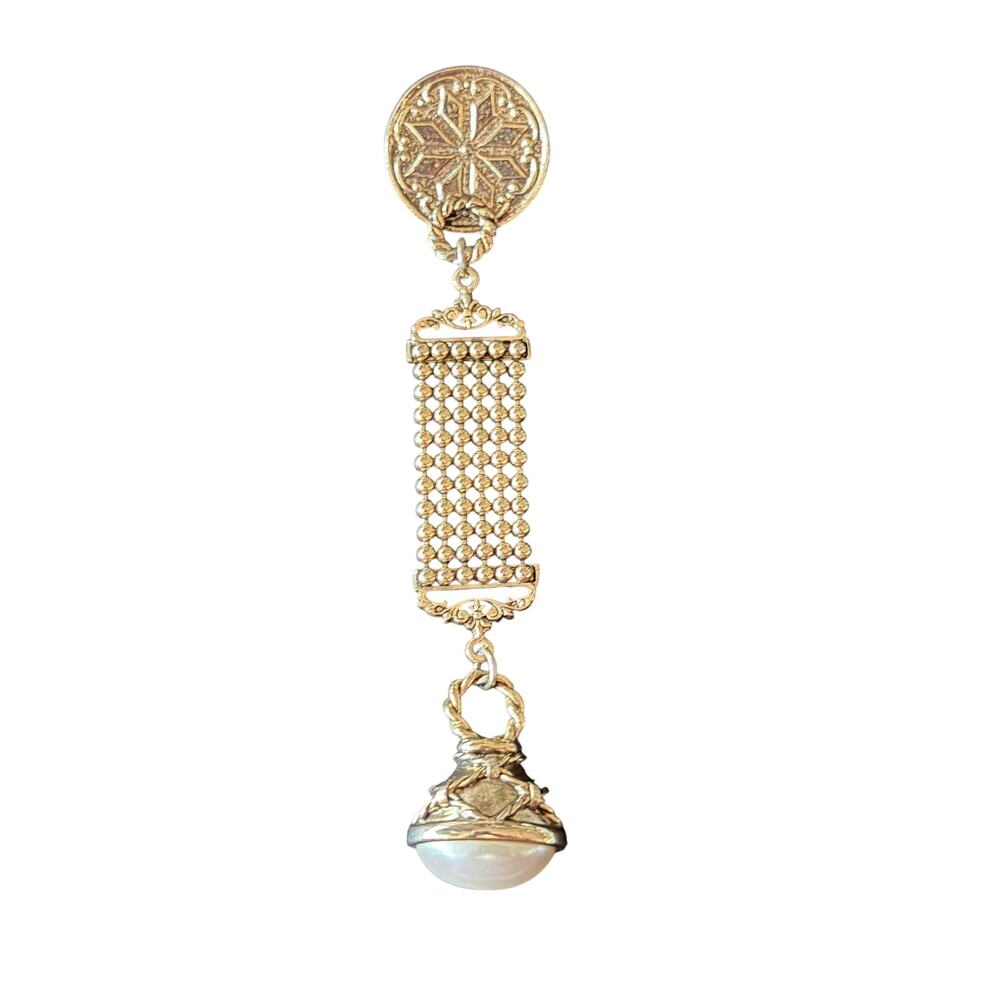 Vintage dangle gold tone faux pearl drop pin brooch costume jewelry cottagecore